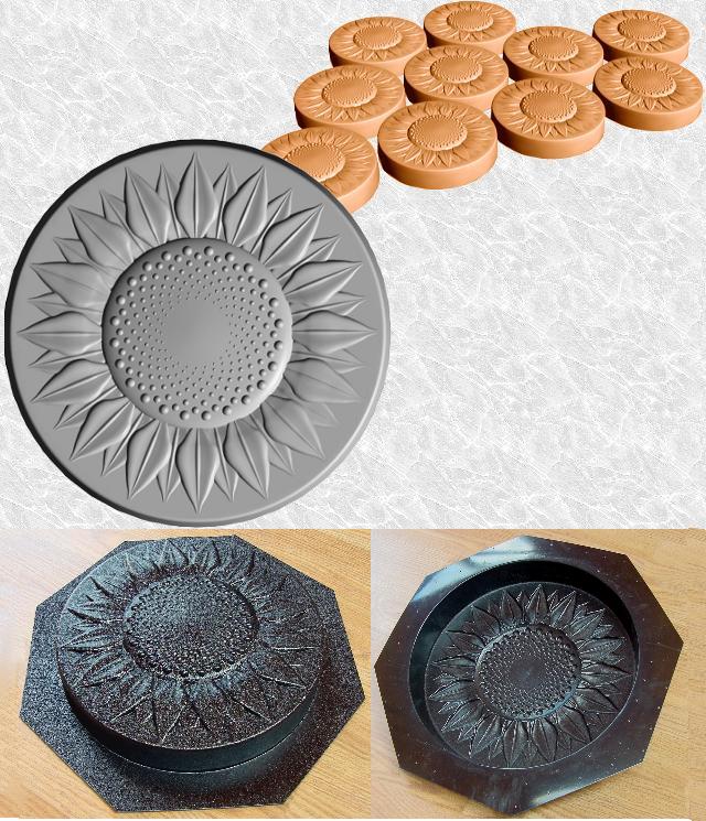 Round Sunflower Stepping Stone Mold—Design and ABS views